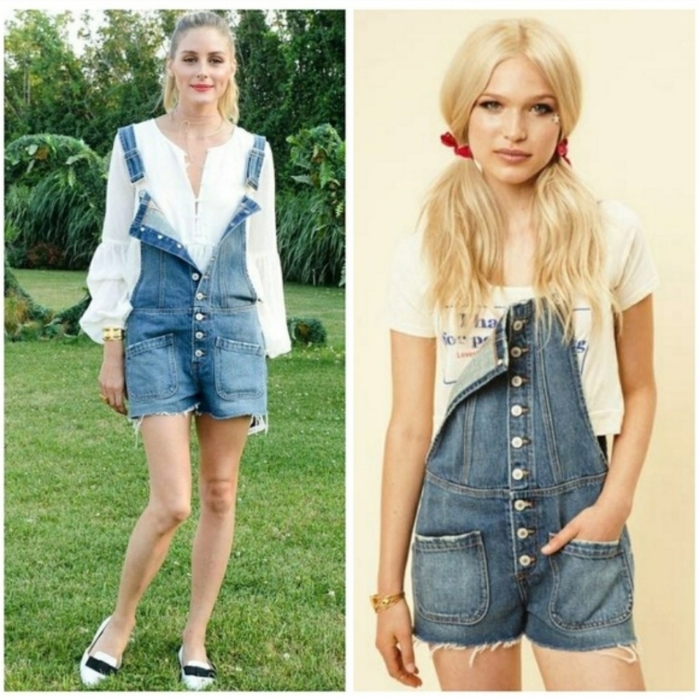 Tularosa Rachel Denim Shortalls Overall Shorts Button Front Raw Hem Medium